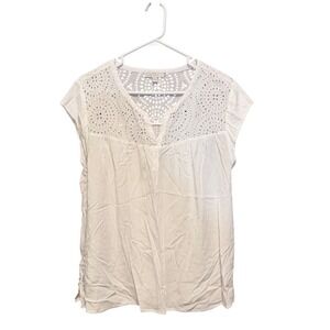 Pale Sky Womens XL White Eyelet Lace Cap‎ Sleeve V-Neck 100% Rayon Blouse XL
